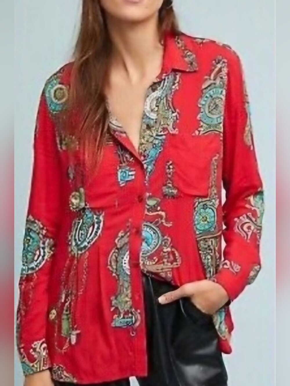 Anthropologie Maeve•Red Button Up Whimsical Clock Blouse. Sz 8